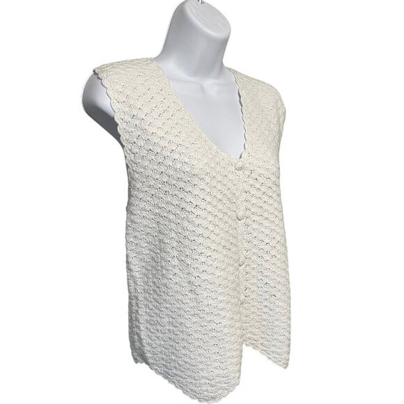VTG Jenny Crochet Cardigan Sweater Vest Large Button Down Textured Ivory Boho - Picture 3 of 6